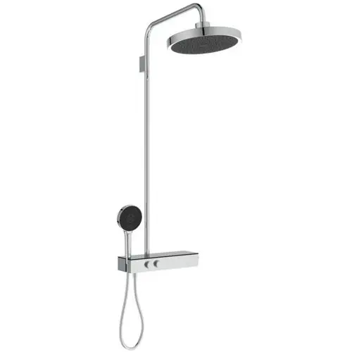 Duschsystem von Ideal Standard mit Brausethermostat und zusätzlichem Handbrausekopf. Das System ist in Chrom gehalten und verfügt über einen LED-Leuchtring.